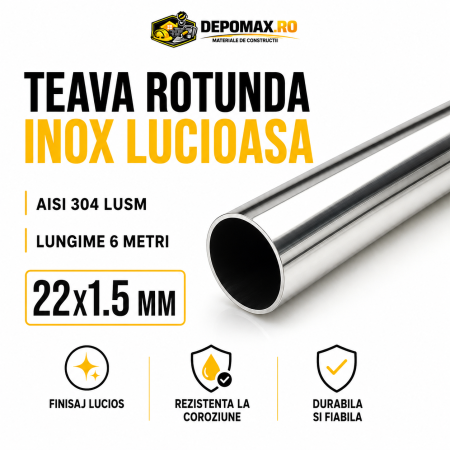 Teava rotunda inox lucios AISI 304 LUSM, 22 x 1.5 mm, 6 metri